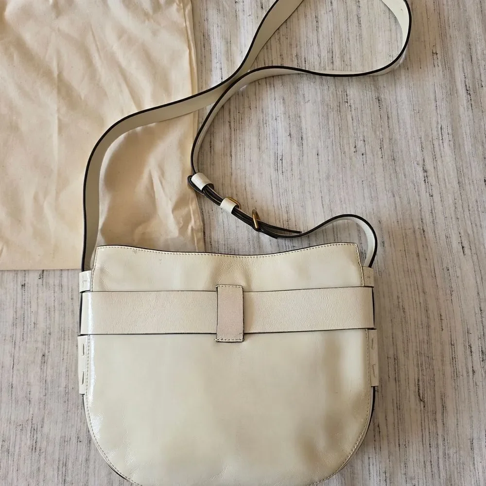 Tory Burch Gemini Cream Patent Leather Crossbody Bag with Gold Accents